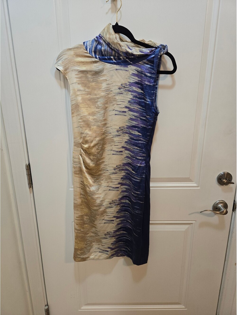 BCBGMAXAZRIA Silk Blend Abstract Shimmer Cowl Neck Ruched Dress Size 2 XS S